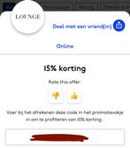15% Lounge kortingscode - Direct online te gebruiken!, Eén persoon, Kortingsbon