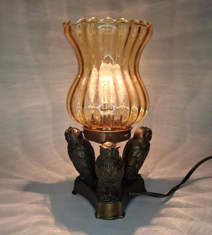 Bronzen Art Deco Tafellamp met Uilen, Huis en Inrichting, Lampen | Tafellampen, Ophalen of Verzenden