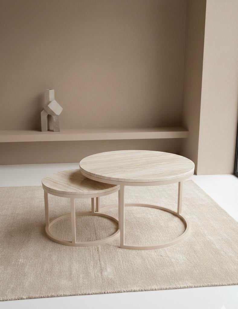 Set van 2 ronde bijzettafels in Travertin, 50 tot 100 cm, Rond, Ophalen of Verzenden, Zo goed als nieuw