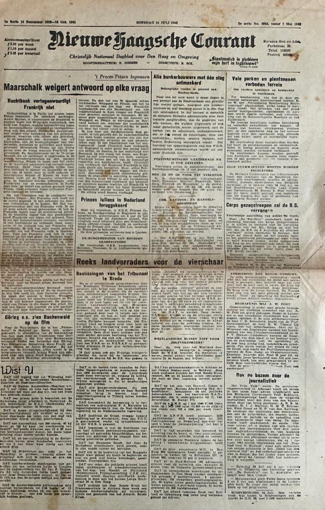 Nieuwe Haagsche Courant, 24 juli 1945 (Ook nog andere data), Verzamelen, Tijdschriften, Kranten en Knipsels, Krant, Nederland