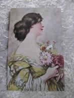 Antieke Kaart - Dame met Bloemen / Chrysanten, Verzamelen, Ansichtkaarten | Themakaarten, Verzenden, Voor 1920, Ongelopen, Overige thema's