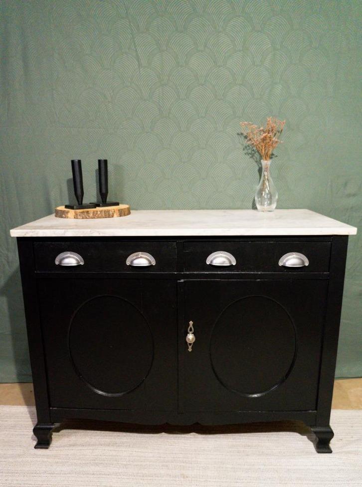 Dressoir zwart met marmerblad, Huis en Inrichting, Kasten | Dressoirs, Gebruikt, 100 tot 150 cm, 50 tot 75 cm, Met lade(s), Met deur(en)
