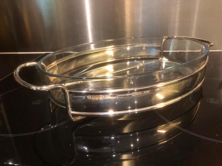 t.k.Martinex glazen ovenschaal+verzilverde houder 35x25cm, Huis en Inrichting, Keuken | Keukenbenodigdheden, Zo goed als nieuw