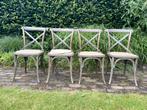 Vier houten eetkamerstoelen met kruisrug en biezen zitting, Huis en Inrichting, Stoelen, Ophalen, Gebruikt, Bruin, Landelijk romantisch klassiek