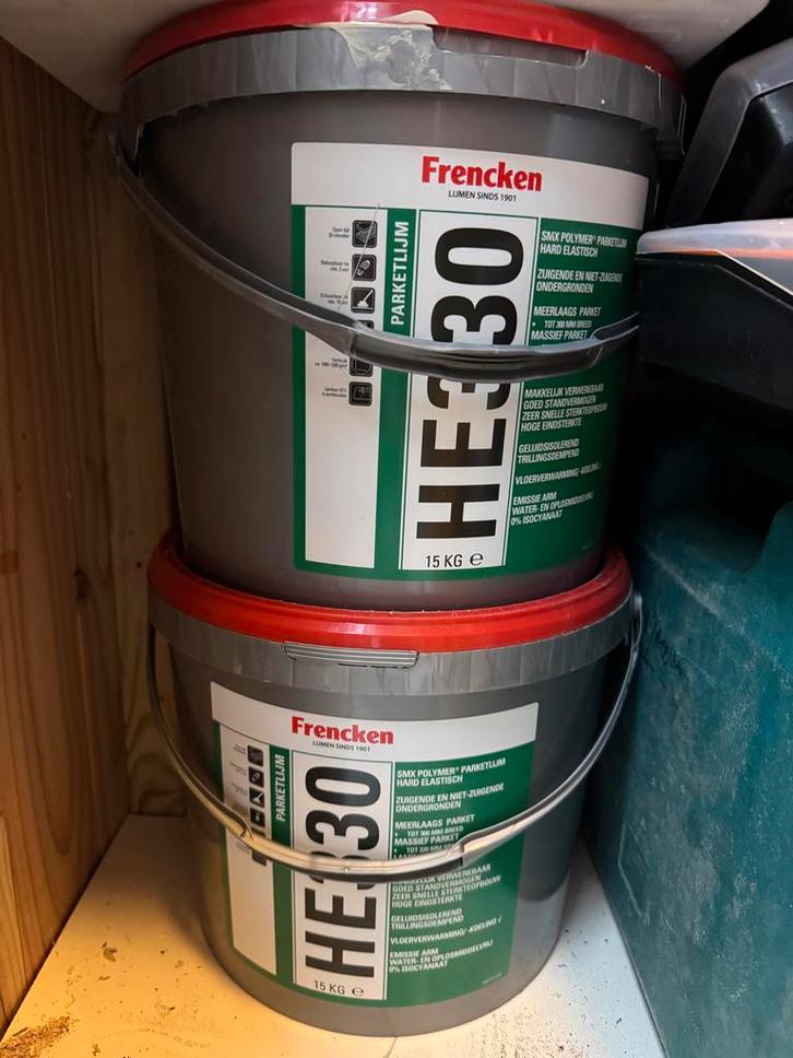 1 Emmer Frencken HE30 Parketlijm - 15kg, Doe-het-zelf en Verbouw, Verf, Beits en Lak, Nieuw, Verf, 15 tot 20 liter, Grijs, Ophalen
