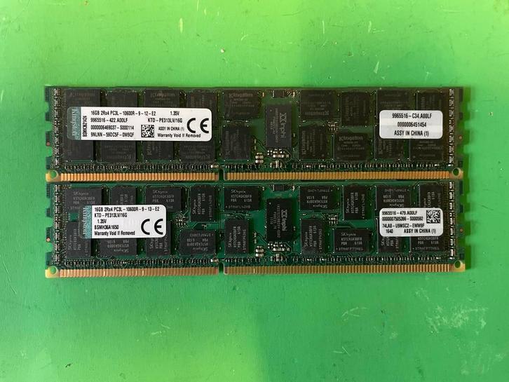 2x 16GB DDR3 PC3L-10600R ECC Registered Server Geheugen, Computers en Software, RAM geheugen, Gebruikt, Server, 16 GB, DDR3, Ophalen of Verzenden