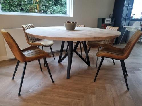Eiken Ronde tafel met Stalen onderstel, Huis en Inrichting, Tafels | Eettafels, Nieuw, Eikenhout