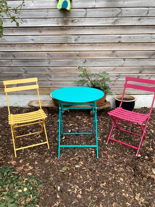 Bistroset gekleurd metaal merk Hespéride, Tuin en Terras, Tuinsets en Loungesets, Gebruikt, Overige materialen, 2 zitplaatsen