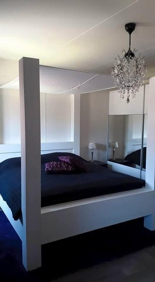 Hemelbed, Huis en Inrichting, Slaapkamer | Bedden, Gebruikt, Tweepersoons, 160 cm, 210 cm, Hout, Wit, Ophalen