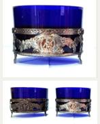 Blauw glazen potten met verzilverde houders., Ophalen of Verzenden