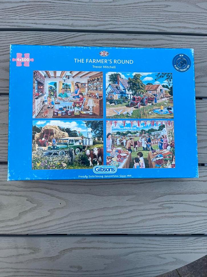 Gibson Puzzel - The Farmer's Round - 4x500 stukjes, Hobby en Vrije tijd, Denksport en Puzzels, Zo goed als nieuw, Legpuzzel, 500 t/m 1500 stukjes