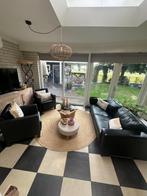 Leren bank + 2 fauteuils zwart (Lloyd loom), Ophalen, Gebruikt, Leer