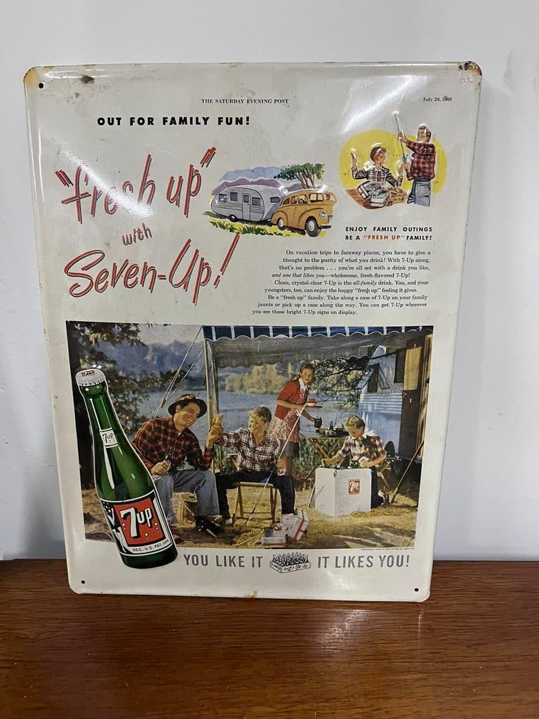 Bord metaal 7-up fresh up seven up jaren 80-90 vintage-look, Ophalen of Verzenden, Gebruikt, Reclamebord