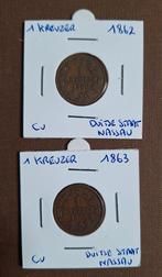 Set van 2 x 1 Kreuzer 1862 en 1863 Duitse staat Nassau, Ophalen of Verzenden, Duitsland, Setje