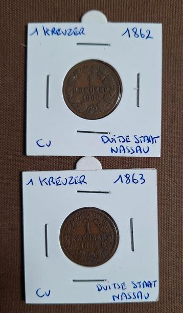 Set van 2 x 1 Kreuzer 1862 en 1863 Duitse staat Nassau beschikbaar voor biedingen