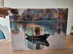 Claude Monet; de schildersboot, print op hout; 50 x 38 cm, Ophalen of Verzenden