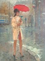 Harry Maas (1906-1982), stijlvolle dame in de regen, Ophalen of Verzenden