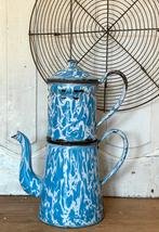 Emaille oude Franse koffiepot filter wit met licht blauw, Ophalen of Verzenden