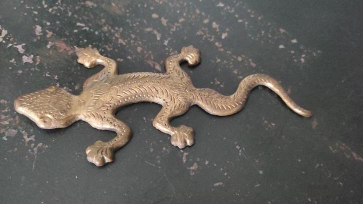 Vintage koperen salamander hagedis, Verzamelen, Beelden en Beeldjes, Gebruikt, Dier, Ophalen of Verzenden