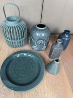 Mooie set in petrol/groen/blauw windlicht, schaal vazen zgan, Ophalen, Zo goed als nieuw, Rond