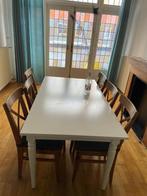 Eettafel wit uitschuifbaar met 6 stoelen en kussens, Ophalen, Gebruikt, 200 cm of meer, 50 tot 100 cm