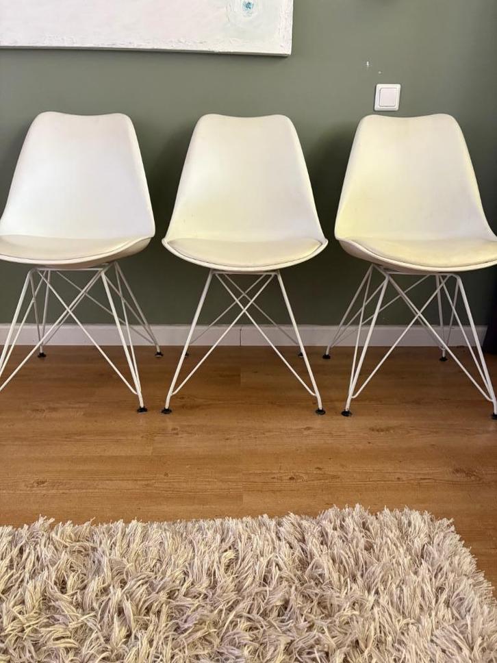 Eetkamer stoelen, Huis en Inrichting, Stoelen, Gebruikt, Drie, Kunststof, Leer, Metaal, Wit, Ophalen