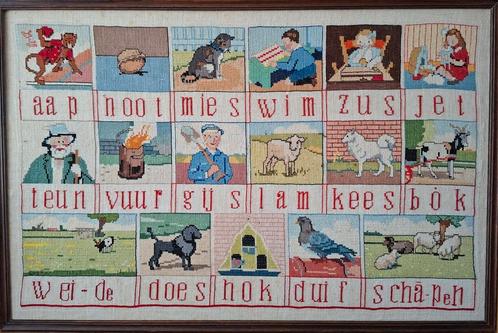 Brocante, merklap 'Aap, Noot, Mies' Vintage jaren 60/70, Antiek en Kunst, Antiek | Schoolplaten, Overige thema's, Ophalen of Verzenden