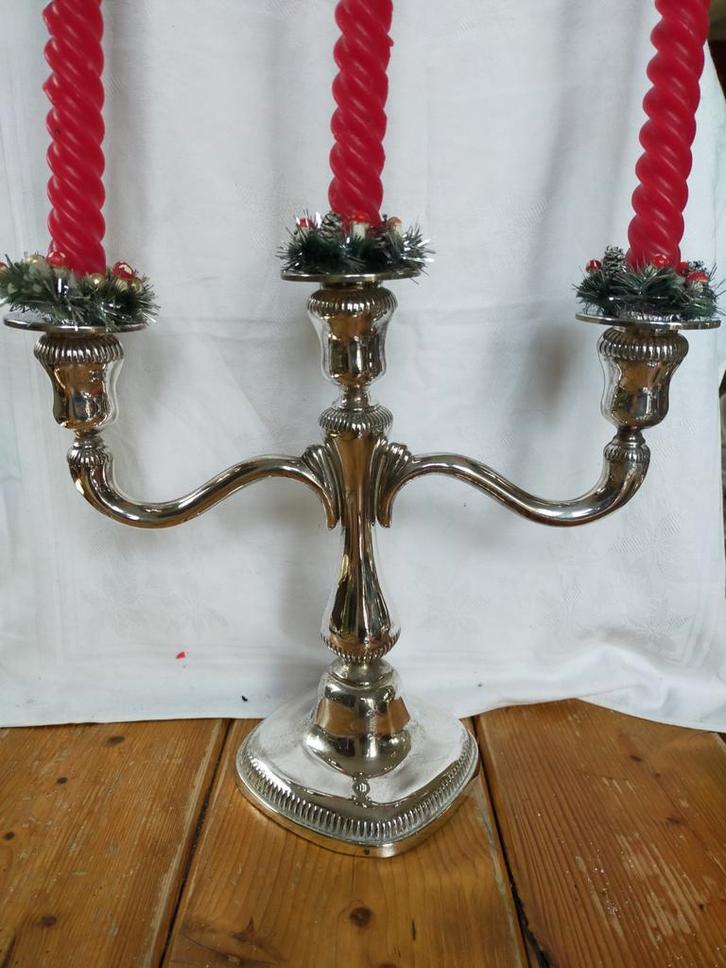 Verzilverde kandelaar met 3 armen, hoog 25 cm, Antiek en Kunst, Antiek | Kandelaars, Ophalen of Verzenden