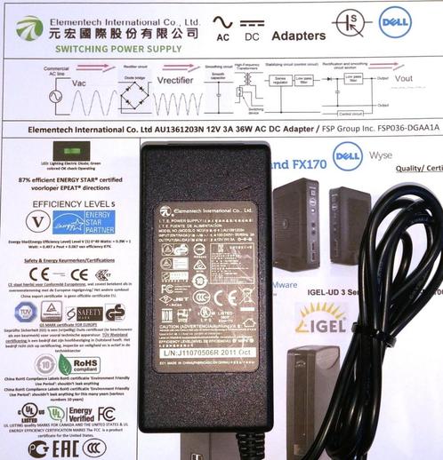 Elementech AU1361203N 12V 3A 36W AC DC Adapter Lader DELL, Computers en Software, Pc- en Netwerkkabels, Zo goed als nieuw, Ophalen of Verzenden