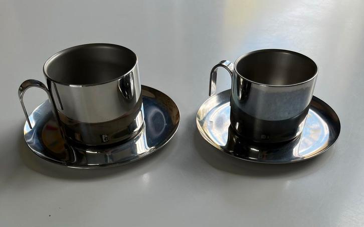 Vintage RVS Kop en Schotel Set (2x), Antiek en Kunst, Antiek | Keukenbenodigdheden, Ophalen of Verzenden