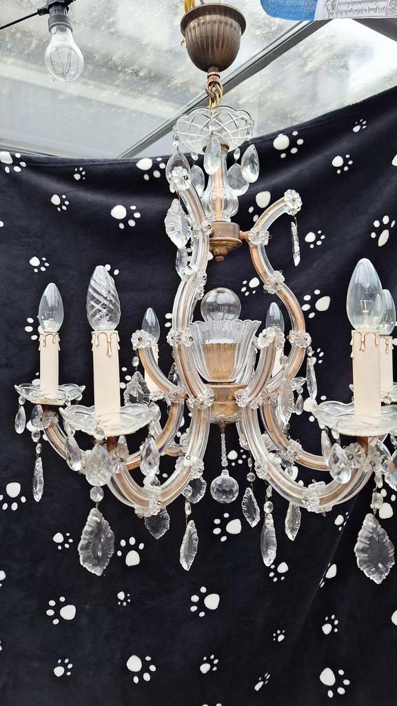 Antieke Kroonluchter met Kristallen, Huis en Inrichting, Lampen | Kroonluchters, Gebruikt, Glas, Metaal, Ophalen of Verzenden