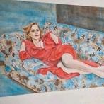 Groot liggende vrouw in jurk portret aquarel 7191, Ophalen of Verzenden