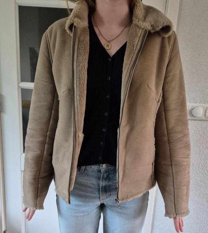 Suedé Look korte Winterjas, Kleding | Dames, Jassen | Winter, Gedragen, Maat 38/40 (M), Beige, Ophalen of Verzenden