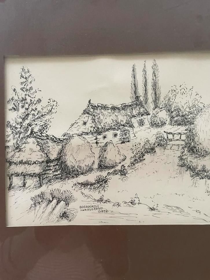 Tekening van een boerderij, Antiek en Kunst, Kunst | Tekeningen en Foto's, Ophalen of Verzenden
