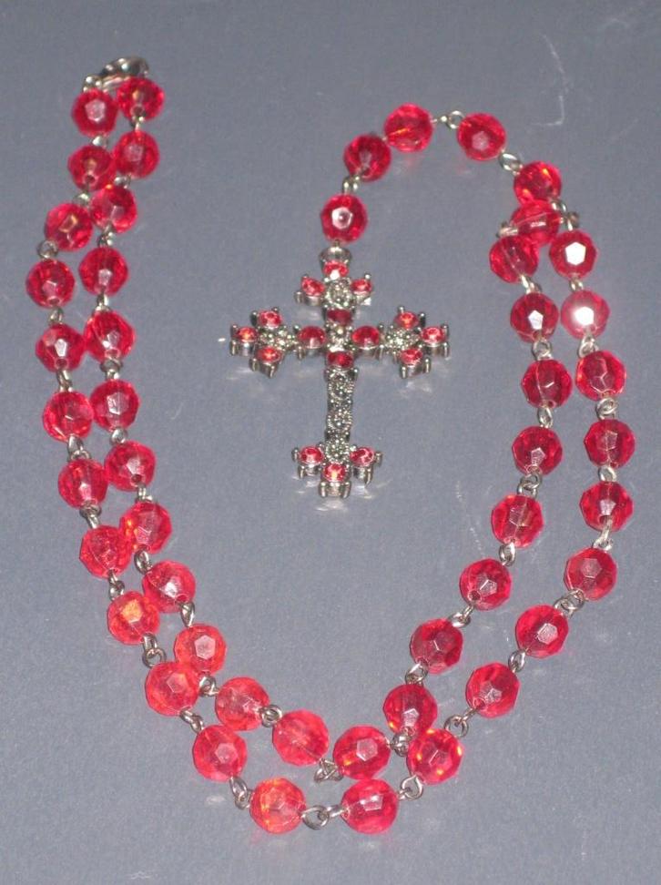 Rozenkrans Gebedsketting Rode Glazen Kralen 42 Cm, Antiek en Kunst, Antiek | Religie, Ophalen