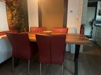 Houten Tafel + 4 Design Leren Eetkamerstoelen, Huis en Inrichting, Ophalen, Vier, Rood, Gebruikt