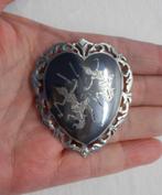 Zilveren grote Siam broche grijs emaillen niello nr.287, Sieraden, Tassen en Uiterlijk, Antieke sieraden, Verzenden, Zilver, Broche