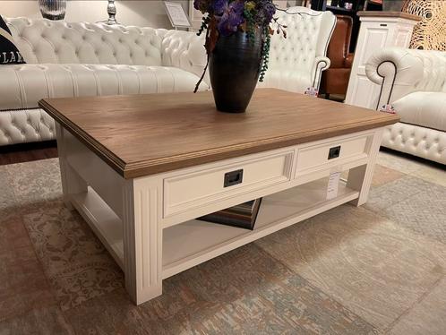 NIEUW: Landelijke Salontafel wit met een massief eiken blad, Huis en Inrichting, Tafels | Salontafels, Zo goed als nieuw, Minder dan 50 cm