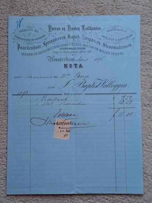 Originele rekening 1894 Amsterdam Baptist Valleggia Matras, Antiek en Kunst, Antiek | Overige Antiek, Ophalen of Verzenden