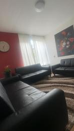 Zwarte leren bankstel - Stuken, Gebruikt, Ophalen of Verzenden, Rechte bank, Vierpersoons of meer