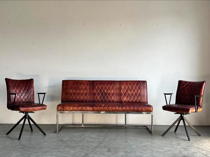Eetkamer bank en 2 eetkamerstoelen, buffelleder, Huis en Inrichting, Complete eetkamers, Gebruikt, Minder dan 4 stoelen, Ophalen