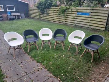 6 Kuipstoelen - Zwart & Wit - Houten Poten beschikbaar voor biedingen