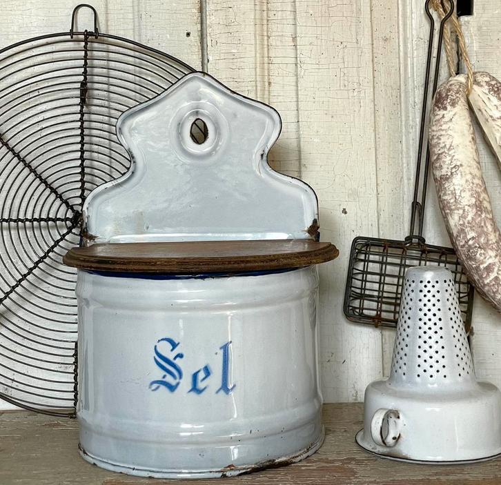 Emaille oude SEL bak / zout wit met blauw randje, Antiek en Kunst, Antiek | Emaille, Ophalen of Verzenden