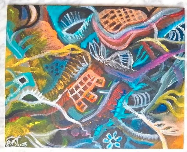 Kleurrijk Figuratief Schilderijtje, Antiek en Kunst, Kunst | Schilderijen | Abstract, Ophalen of Verzenden