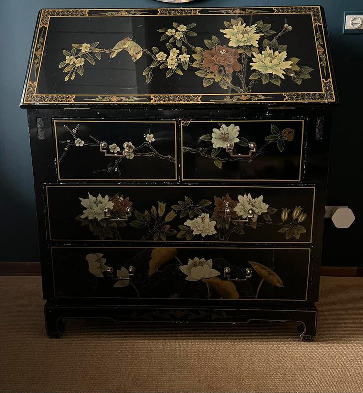 Oude Chinese lakwerk kast secretaire bloem vogel motief, Antiek en Kunst, Antiek | Meubels | Kasten, Ophalen