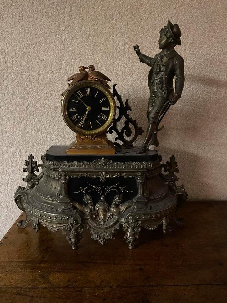 Antieke Pendule met Bronzen Beeld en Adelaar, Antiek en Kunst, Antiek | Klokken, Ophalen of Verzenden