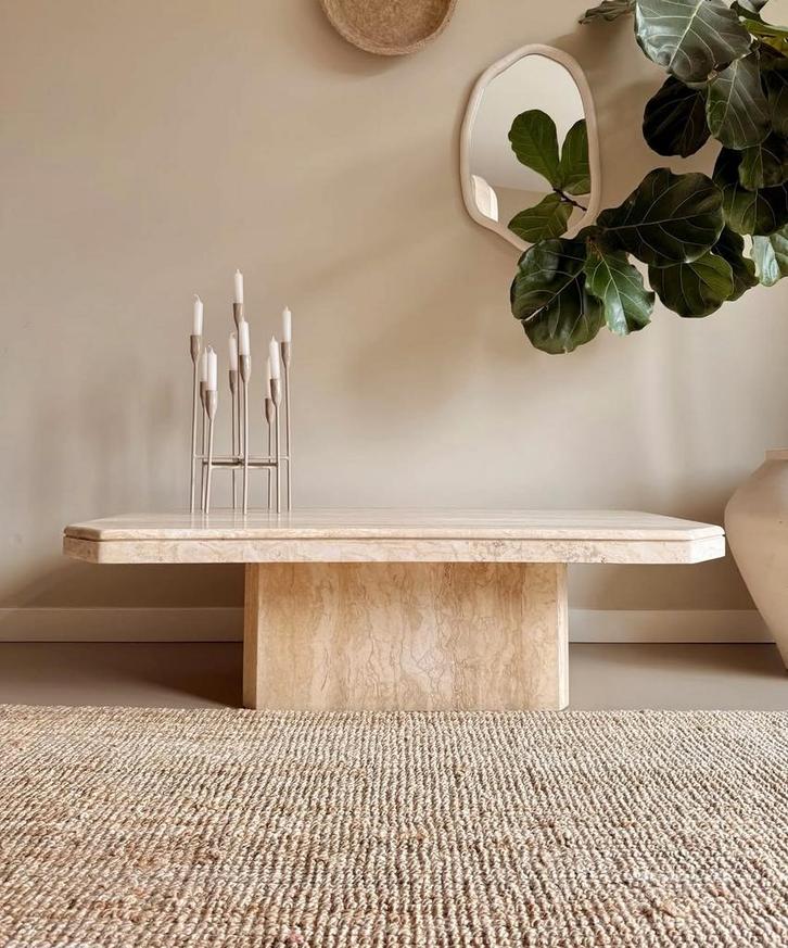 Vintage Travertin Salontafel - Stijlvol en Tijdloos, Huis en Inrichting, Tafels | Salontafels, Zo goed als nieuw, Minder dan 50 cm