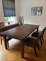 Vintage houten eettafel met bankje en antraciet stoelen, Ophalen, Gebruikt, 100 tot 150 cm, 200 cm of meer