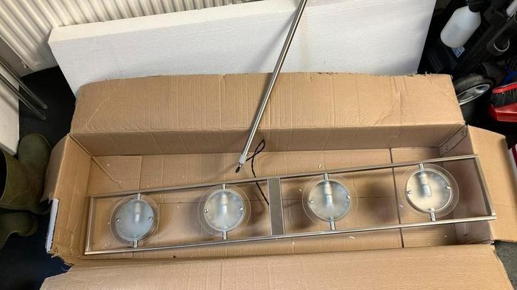 Hanglamp chroom met 4 verstelbare lampen, geschikt voor led., Huis en Inrichting, Lampen | Spots, Zo goed als nieuw, Metaal of Aluminium