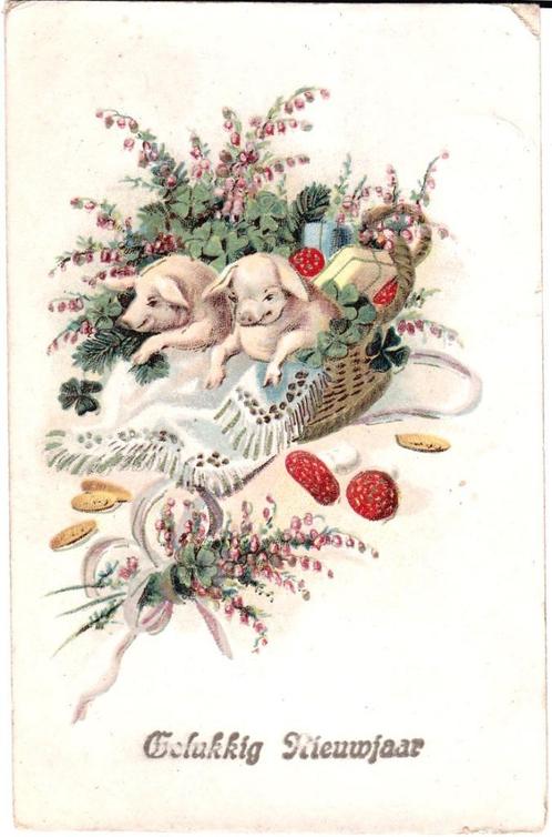 Kaart jaren 20 - Varken Varkens Nieuwjaar Mand Klavertje, Verzamelen, Ansichtkaarten | Themakaarten, Gelopen, 1920 tot 1940, Feest(dag)